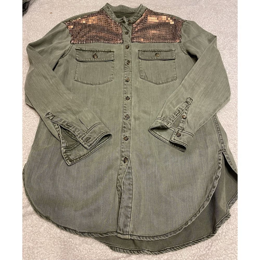 By Anthropologie Women's‎ Green Cargo Bronze Sequin Button Up Shirt  Size 2
